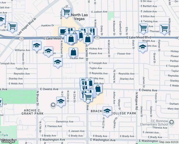 map of restaurants, bars, coffee shops, grocery stores, and more near 2501 Reynolds Avenue in North Las Vegas