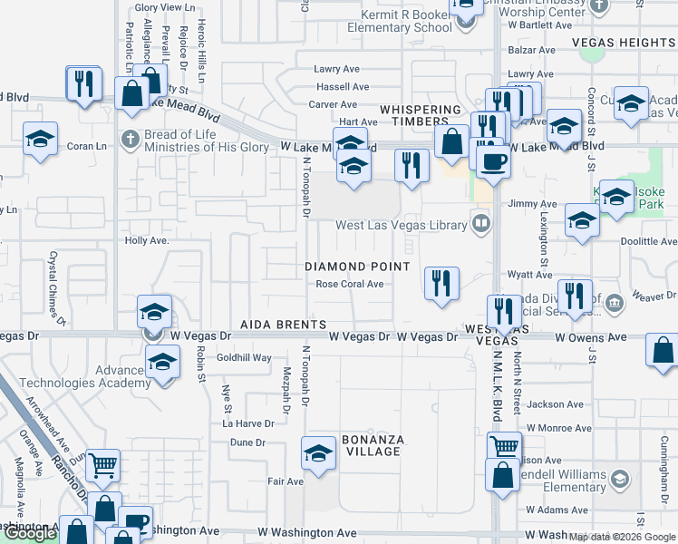 map of restaurants, bars, coffee shops, grocery stores, and more near 2016 Rose Coral Avenue in Las Vegas
