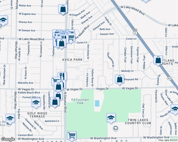 map of restaurants, bars, coffee shops, grocery stores, and more near 1733 Yellow Rose Street in Las Vegas
