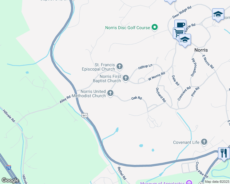 map of restaurants, bars, coffee shops, grocery stores, and more near 115 Oak Road in Powell