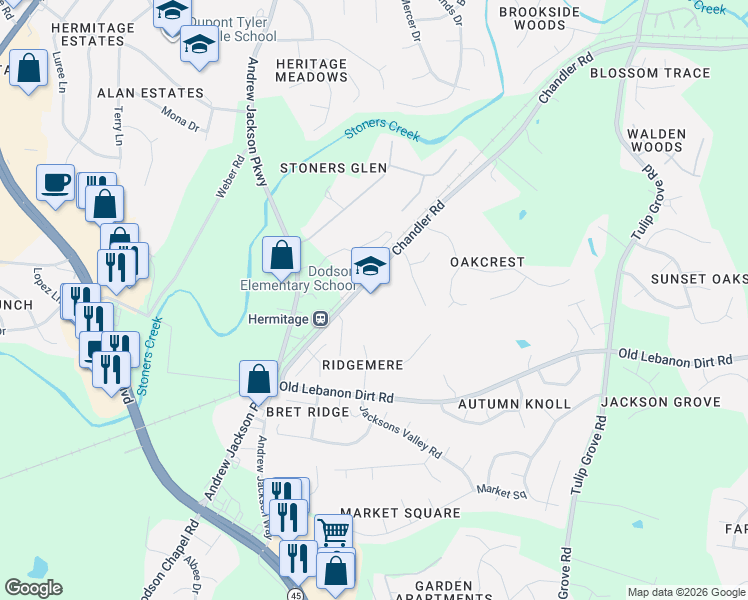 map of restaurants, bars, coffee shops, grocery stores, and more near 105 Summit Run Place in Nashville