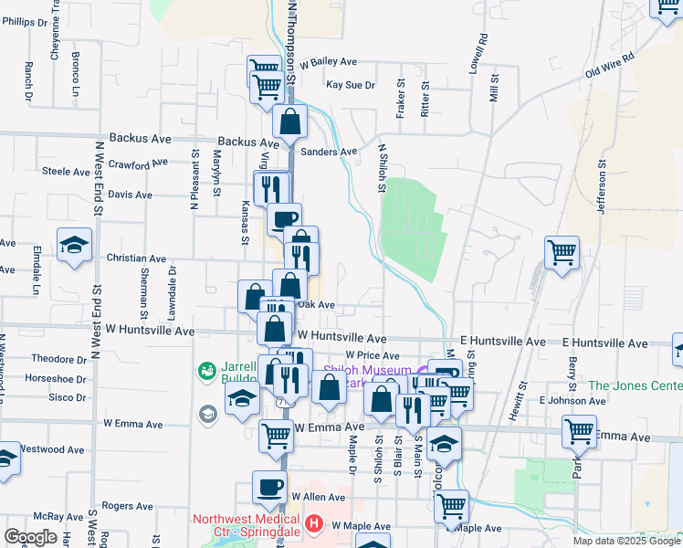 map of restaurants, bars, coffee shops, grocery stores, and more near 620 Oak Avenue in Springdale