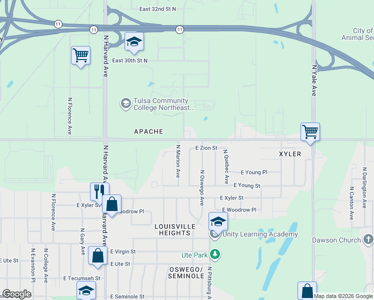 map of restaurants, bars, coffee shops, grocery stores, and more near 2483 North Marion Avenue in Tulsa