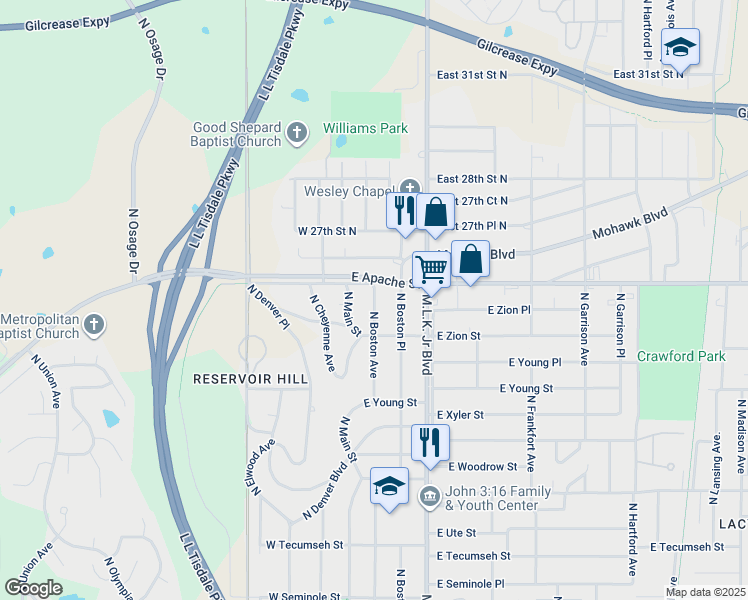 map of restaurants, bars, coffee shops, grocery stores, and more near 2523 North Boston Avenue in Tulsa