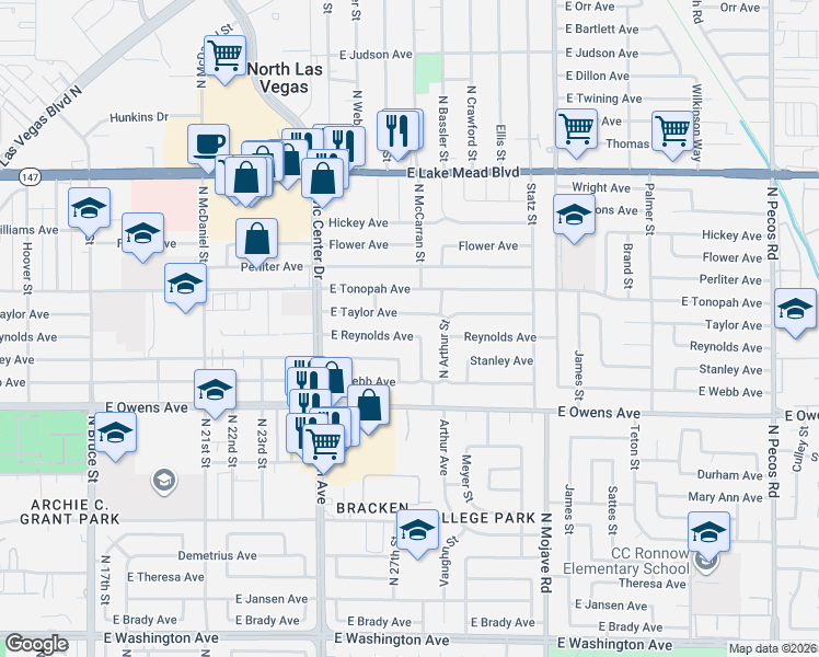 map of restaurants, bars, coffee shops, grocery stores, and more near 2617 Reynolds Avenue in North Las Vegas