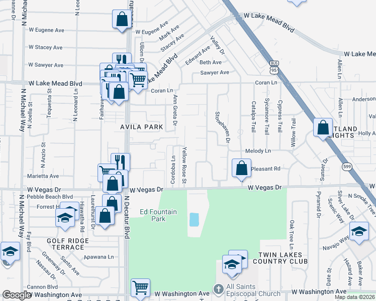 map of restaurants, bars, coffee shops, grocery stores, and more near 1733 Yellow Rose Street in Las Vegas