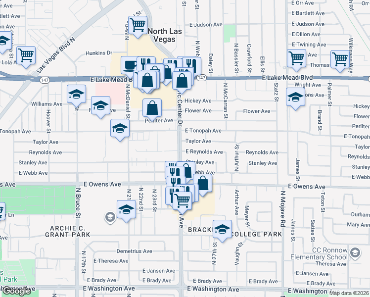 map of restaurants, bars, coffee shops, grocery stores, and more near 2501 Reynolds Avenue in North Las Vegas
