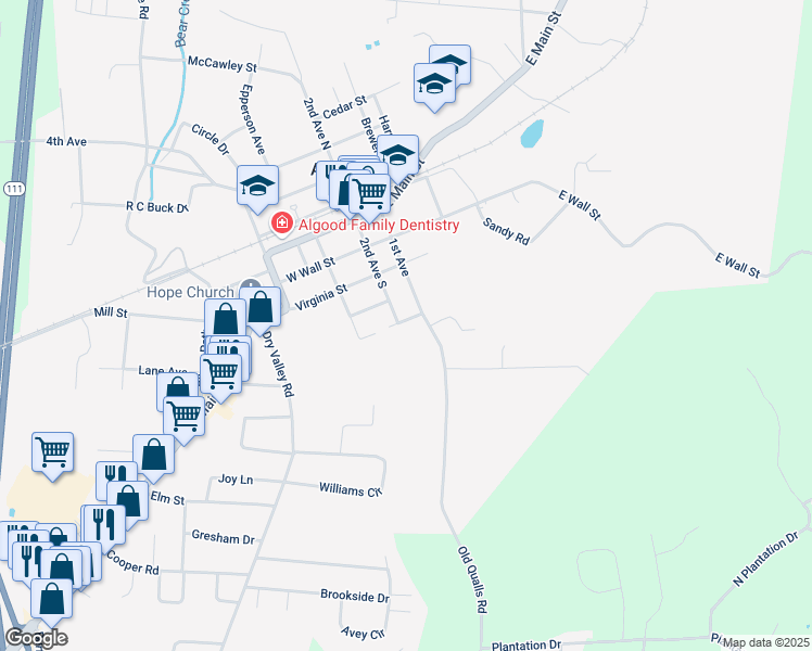 map of restaurants, bars, coffee shops, grocery stores, and more near 105 Simmons Street in Cookeville