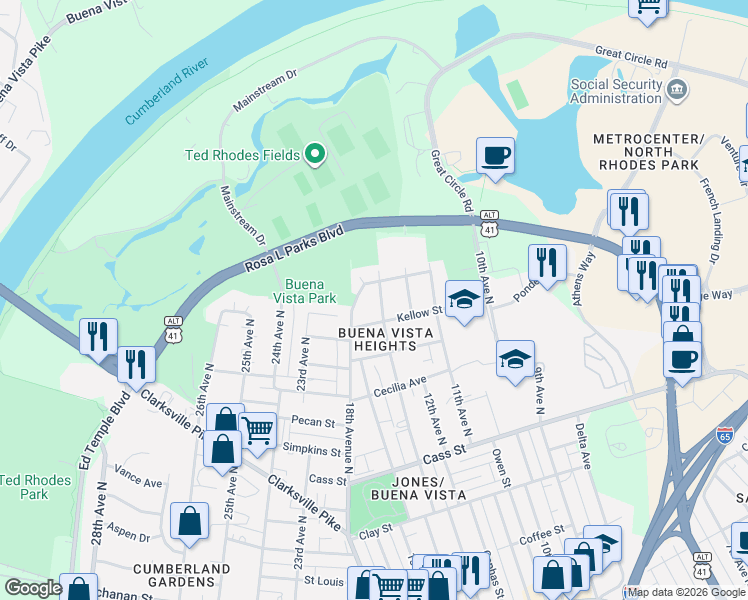 map of restaurants, bars, coffee shops, grocery stores, and more near 2403 14th Avenue in Nashville