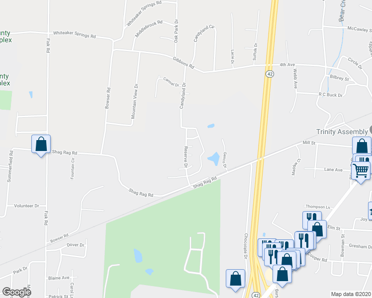 map of restaurants, bars, coffee shops, grocery stores, and more near 2028 Reserve Drive in Cookeville