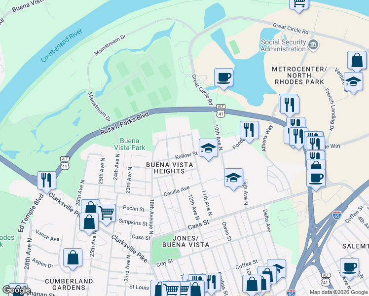 map of restaurants, bars, coffee shops, grocery stores, and more near 2404 Middle Street in Nashville