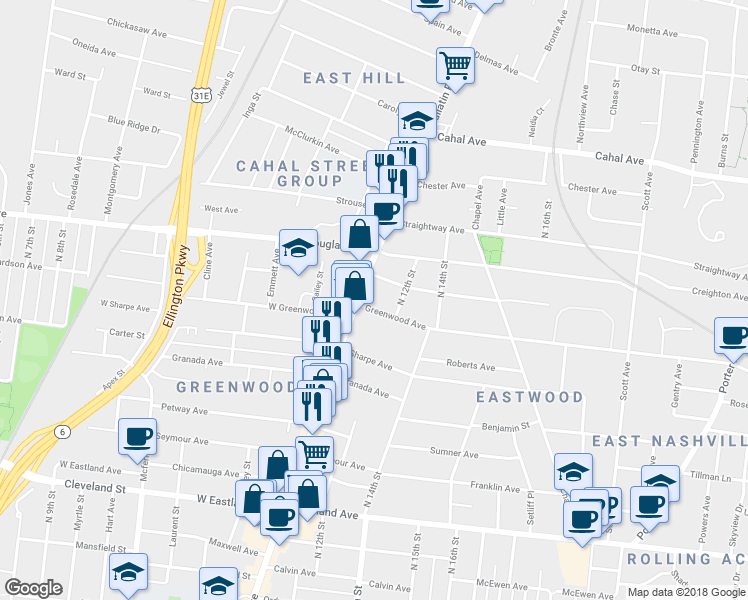 map of restaurants, bars, coffee shops, grocery stores, and more near 1201 Gallatin Avenue in Nashville