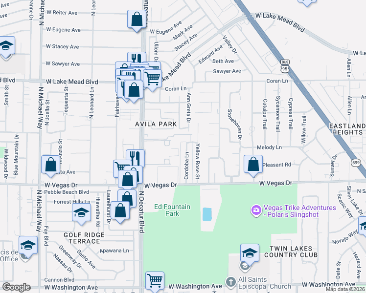 map of restaurants, bars, coffee shops, grocery stores, and more near 1713 Cordoba Lane in Las Vegas