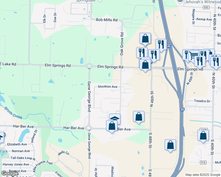 map of restaurants, bars, coffee shops, grocery stores, and more near 600 Oak Grove Road in Springdale