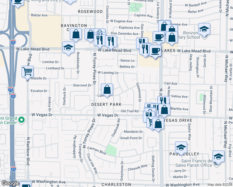 map of restaurants, bars, coffee shops, grocery stores, and more near 1720 Rockcrest Drive in Las Vegas