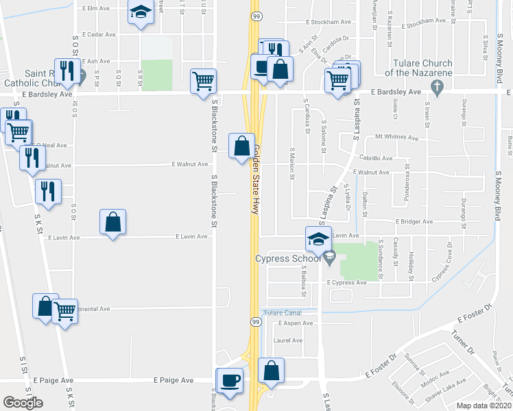 map of restaurants, bars, coffee shops, grocery stores, and more near Golden State Hwy in Tulare
