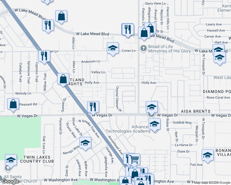 map of restaurants, bars, coffee shops, grocery stores, and more near 1801 Crystal Chimes Drive in Las Vegas