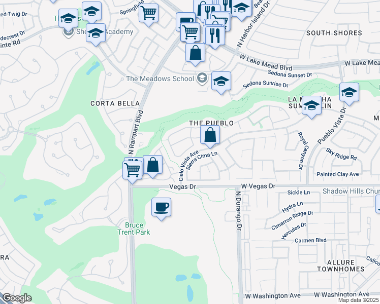 map of restaurants, bars, coffee shops, grocery stores, and more near 8604 Sierra Cima Lane in Las Vegas