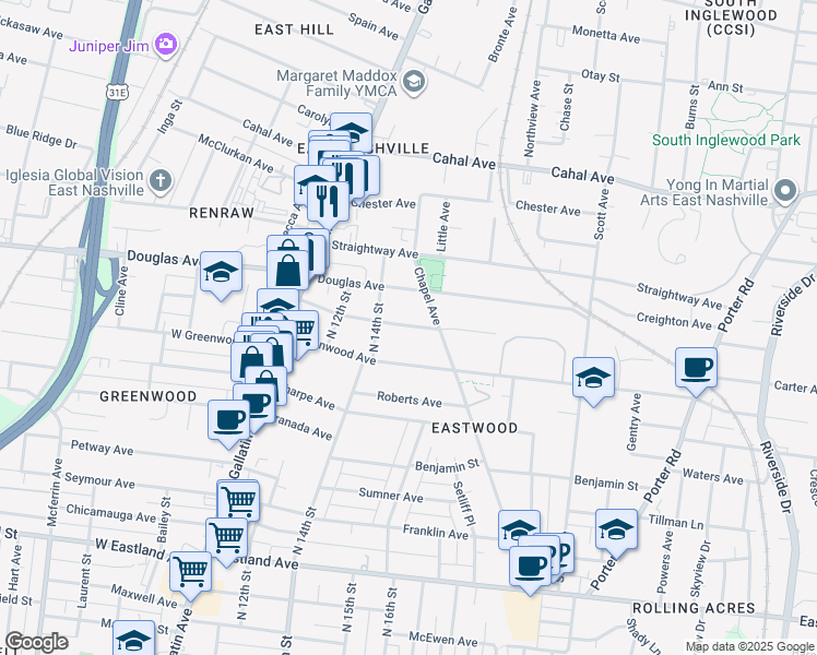 map of restaurants, bars, coffee shops, grocery stores, and more near 1414 McKennie Avenue in Nashville