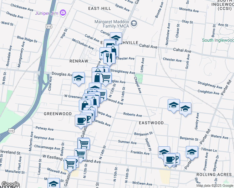 map of restaurants, bars, coffee shops, grocery stores, and more near 1202 North 14th Street in Nashville