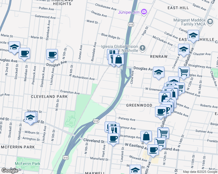 map of restaurants, bars, coffee shops, grocery stores, and more near 882 Sharpe Avenue in Nashville
