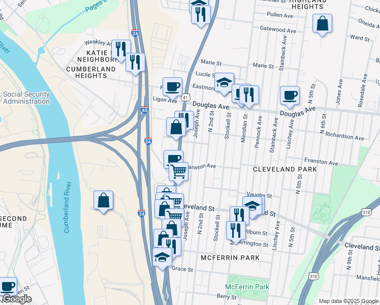map of restaurants, bars, coffee shops, grocery stores, and more near 1104 Joseph Avenue in Nashville