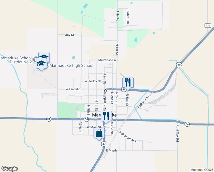 map of restaurants, bars, coffee shops, grocery stores, and more near 11749 U.S. 49 in Marmaduke