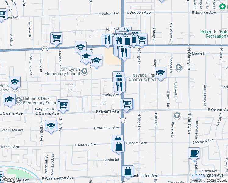 map of restaurants, bars, coffee shops, grocery stores, and more near 5004 Stanley Avenue in Las Vegas