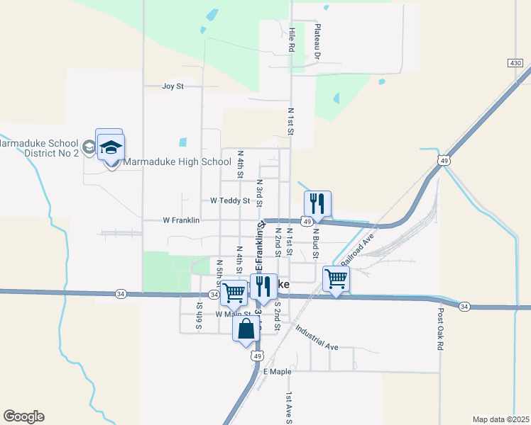 map of restaurants, bars, coffee shops, grocery stores, and more near 11749 U.S. 49 in Marmaduke