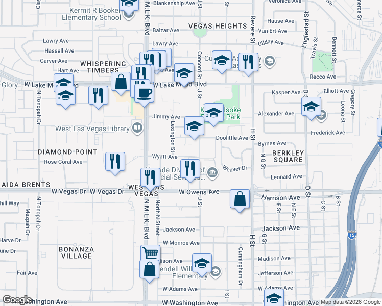 map of restaurants, bars, coffee shops, grocery stores, and more near 1652 J Street in Las Vegas