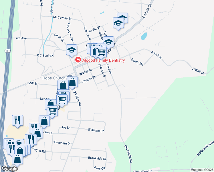 map of restaurants, bars, coffee shops, grocery stores, and more near 105 Simmons Street in Cookeville