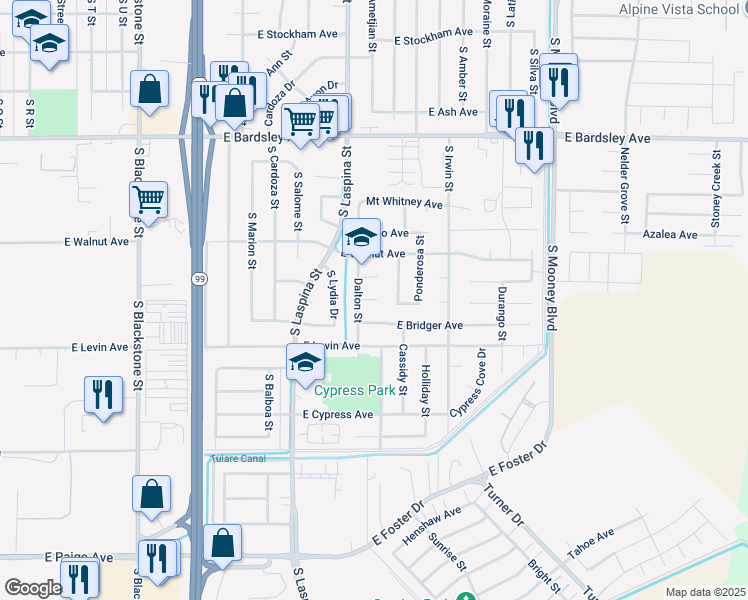 map of restaurants, bars, coffee shops, grocery stores, and more near 1739 Carson Avenue in Tulare