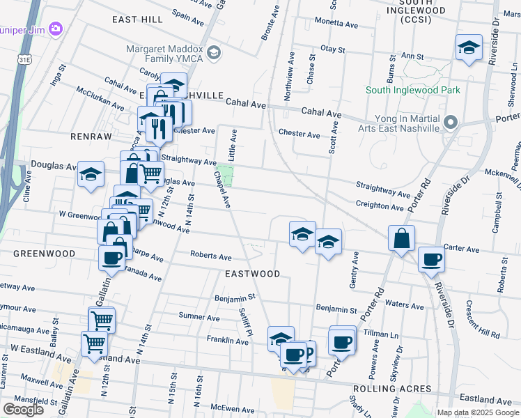 map of restaurants, bars, coffee shops, grocery stores, and more near 1520 McKennie Avenue in Nashville