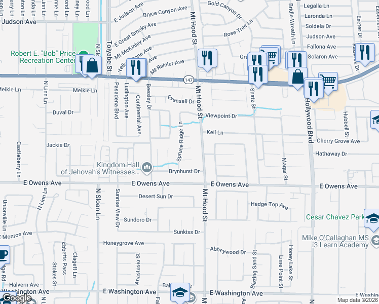 map of restaurants, bars, coffee shops, grocery stores, and more near 6257 Barnsdale Court in Las Vegas