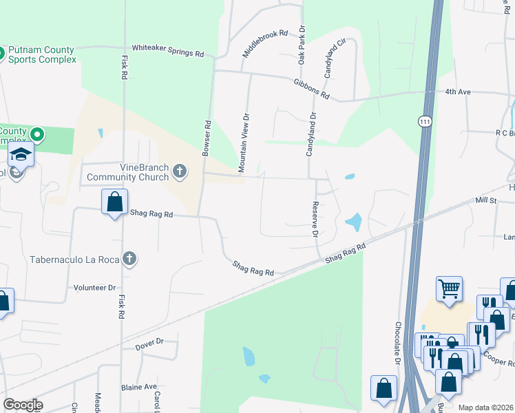 map of restaurants, bars, coffee shops, grocery stores, and more near 1402 Shag Rag Road in Cookeville