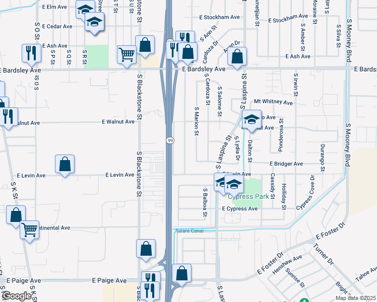 map of restaurants, bars, coffee shops, grocery stores, and more near 1624 South Spruce Street in Tulare