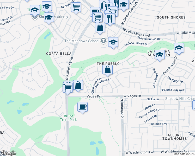 map of restaurants, bars, coffee shops, grocery stores, and more near 8604 Sierra Cima Lane in Las Vegas