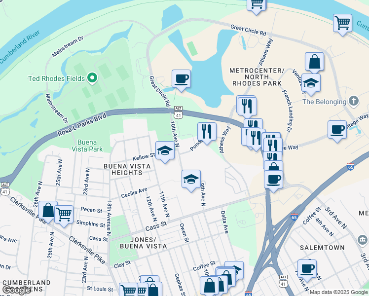 map of restaurants, bars, coffee shops, grocery stores, and more near 468 Ponder Place in Nashville