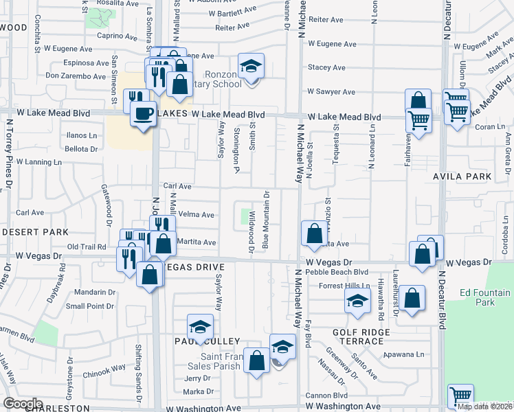 map of restaurants, bars, coffee shops, grocery stores, and more near 1809 Wildwood Drive in Las Vegas