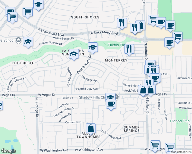 map of restaurants, bars, coffee shops, grocery stores, and more near 7921 Pottery Creek Drive in Las Vegas