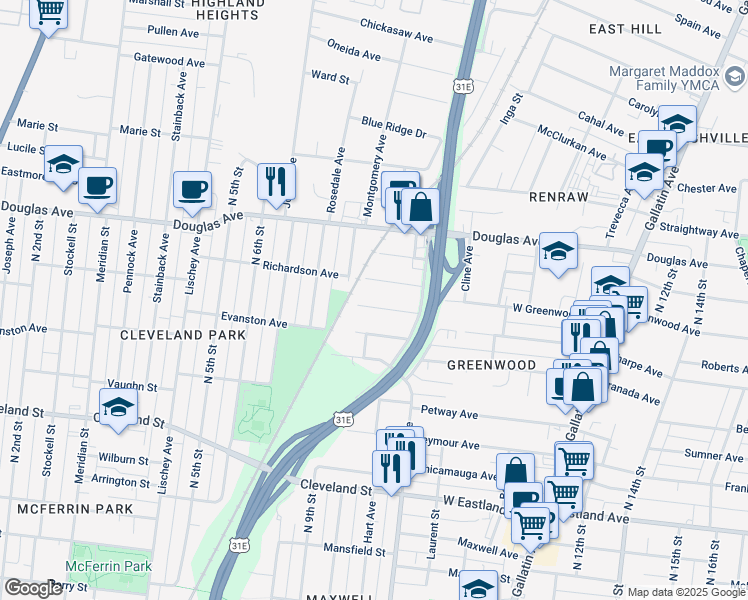 map of restaurants, bars, coffee shops, grocery stores, and more near 877 Sharpe Avenue in Nashville
