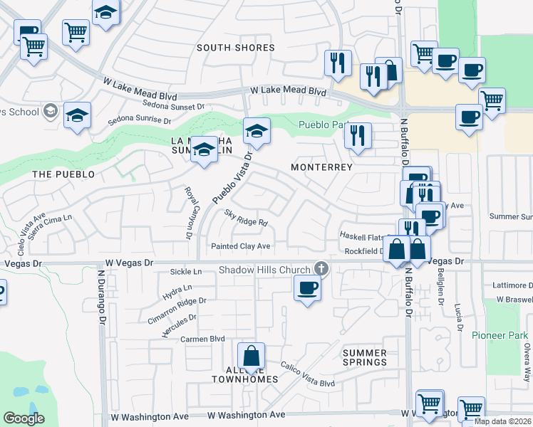 map of restaurants, bars, coffee shops, grocery stores, and more near 7921 Pottery Creek Drive in Las Vegas