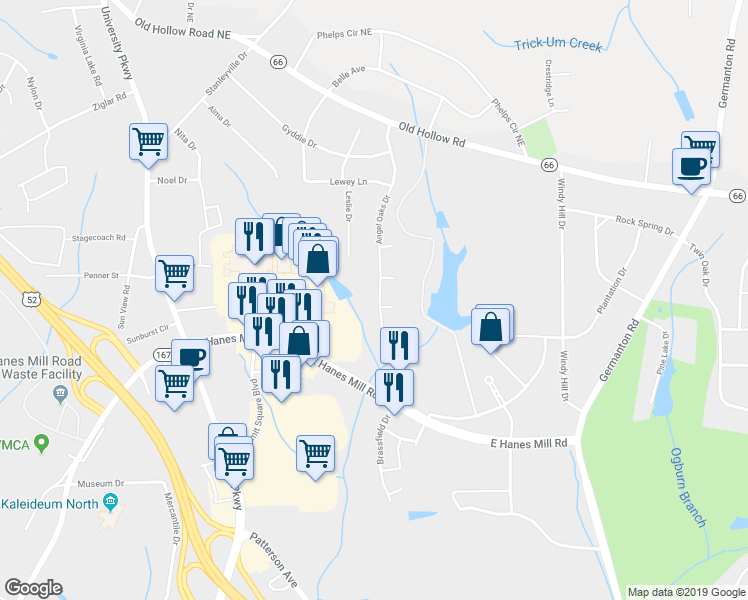 map of restaurants, bars, coffee shops, grocery stores, and more near 5420 Angel Oaks Drive in Winston-Salem
