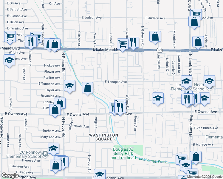 map of restaurants, bars, coffee shops, grocery stores, and more near 3778 East Pecan Lane in Las Vegas