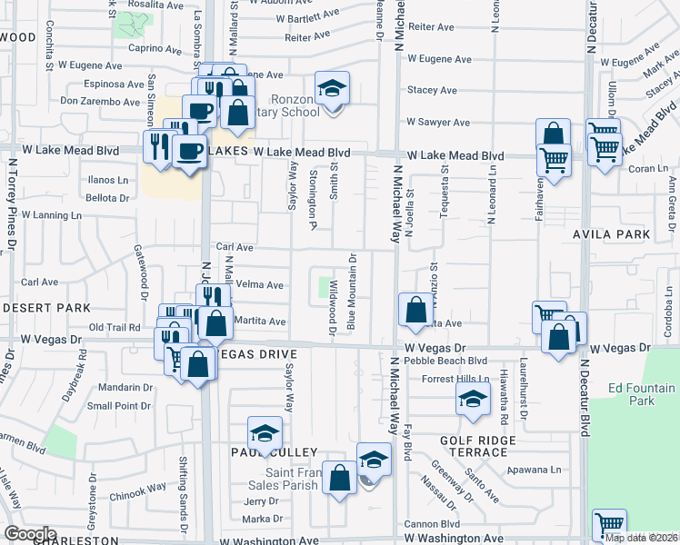 map of restaurants, bars, coffee shops, grocery stores, and more near 1809 Wildwood Drive in Las Vegas