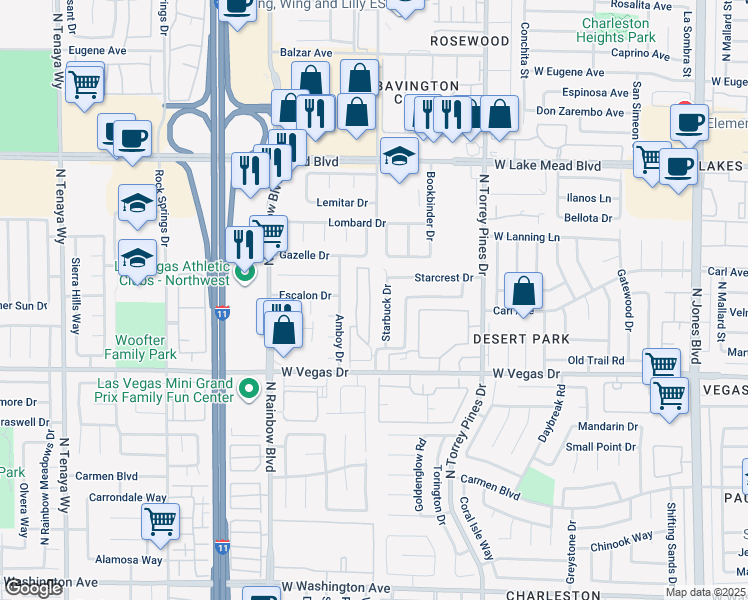 map of restaurants, bars, coffee shops, grocery stores, and more near 1803 Discus Drive in Las Vegas