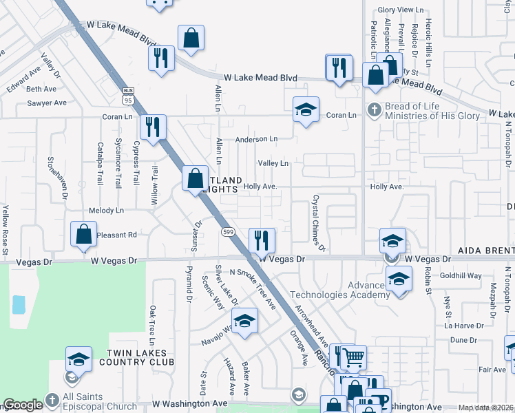 map of restaurants, bars, coffee shops, grocery stores, and more near 3419 Amethyst Glen Court in Las Vegas