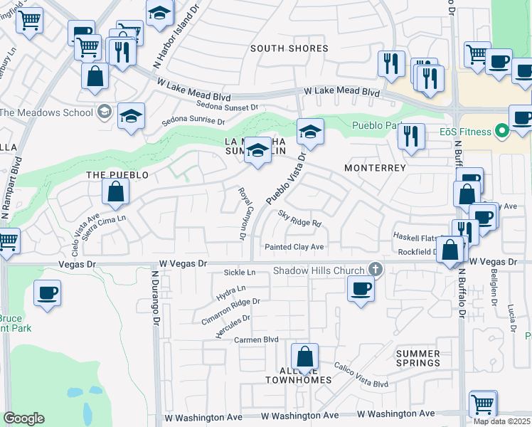 map of restaurants, bars, coffee shops, grocery stores, and more near 1725 Wandering Winds Way in Las Vegas
