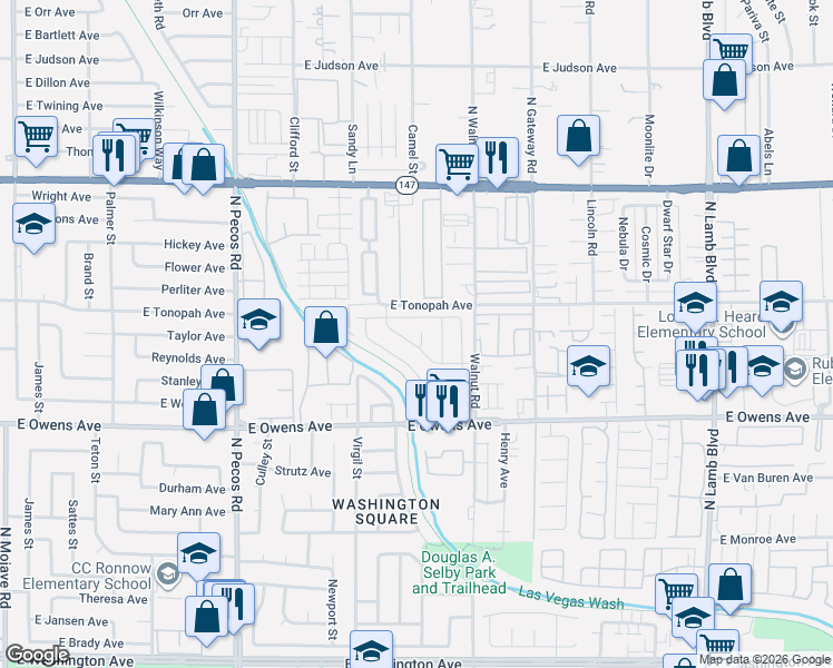 map of restaurants, bars, coffee shops, grocery stores, and more near 3778 East Pecan Lane in Las Vegas