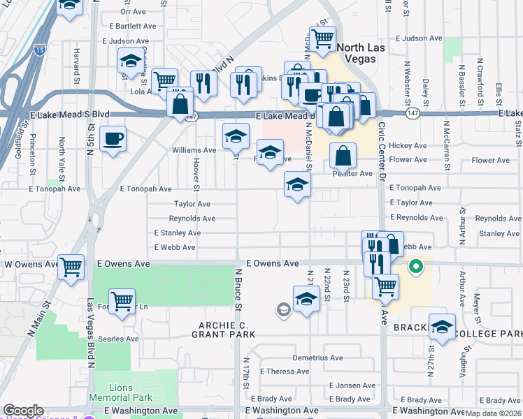 map of restaurants, bars, coffee shops, grocery stores, and more near 1700 North Bruce Street in North Las Vegas